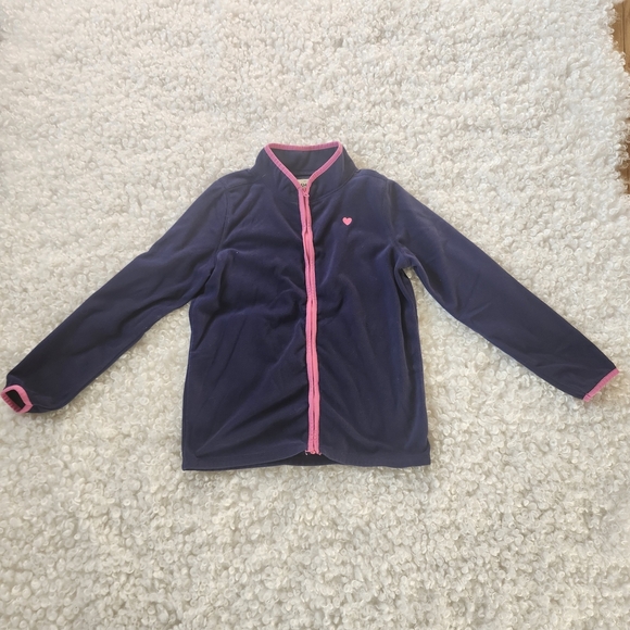 OshKosh B’gosh Navy Fleece Jacket Girls Size 10 Pink Heart Accent Cozy Layer - Picture 2 of 7
